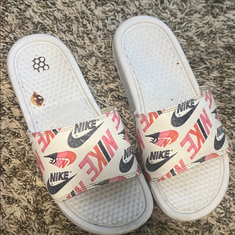 Nike White and Pink Logo Sandals